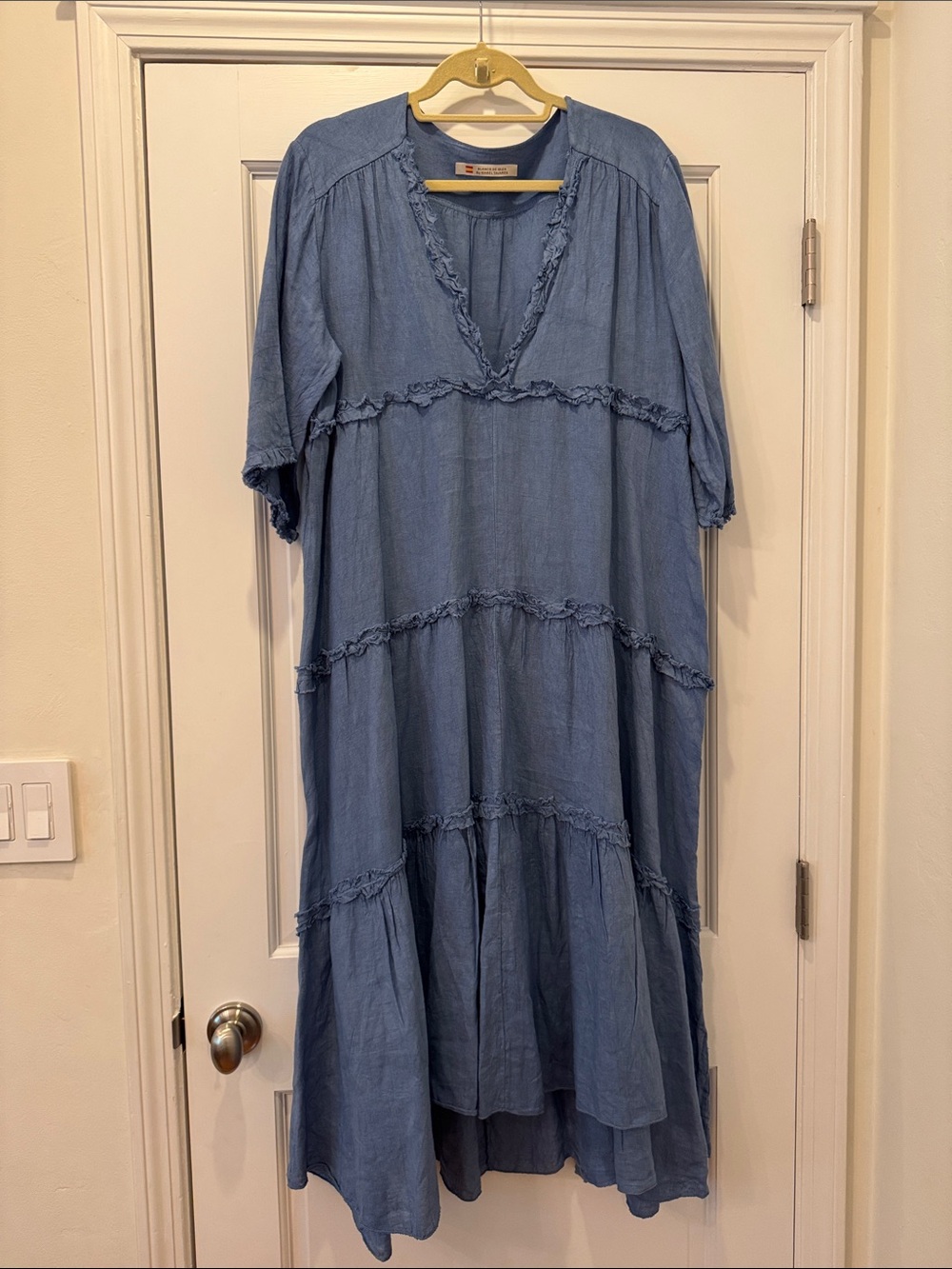 Light Denim Blue Tiered Boho Caftan/Maxi Dress, 100% Linen